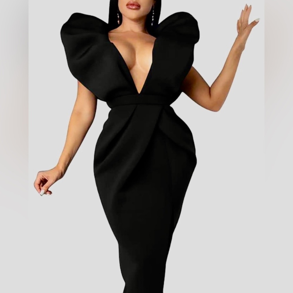 Women’s sexy deep V neck puff sleeve side split ruched backless gown dress